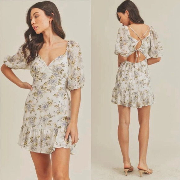 NWT Lush Clothing Floral Mini Dress, Puff Sleeves, Cut Out Back, Ivory, Medium - Picture 3 of 6